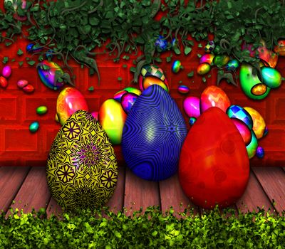 Easter eggs on a wooden surface with background of plants.