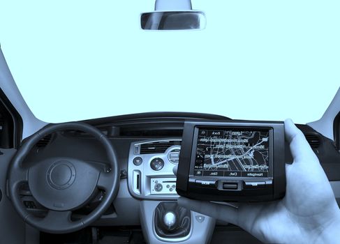 GPS Vehicle navigation system in a man hand