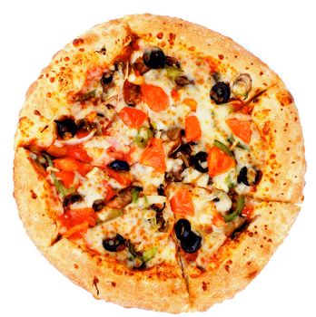 Freshly Baked Vegetarian Pizza with Tomatoes, Black Olives and Cheese isolated on white background. Top View