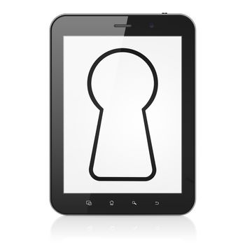 Safety concept: black tablet pc computer with Keyhole icon on display. Modern portable touch pad on White background, 3d render