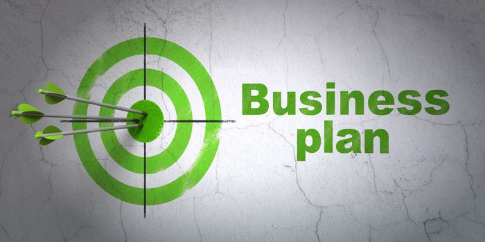 Success finance concept: arrows hitting the center of target, Green Business Plan on wall background, 3d render