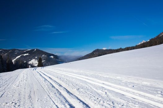 Sunny slope on the skiing resort. Austria.