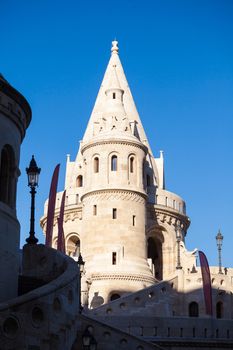 BUDAPEST, HUNGARY - AUGUST 2: Fisherman's Bastion lit by sunset, Buda Castle, Budapest, Hungary