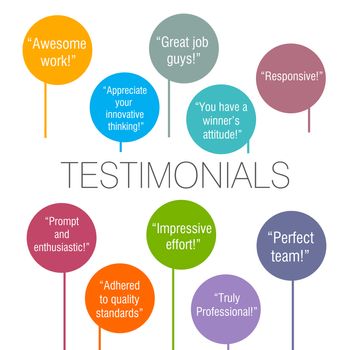Generic testimonials from various clients displayed on a colorful background