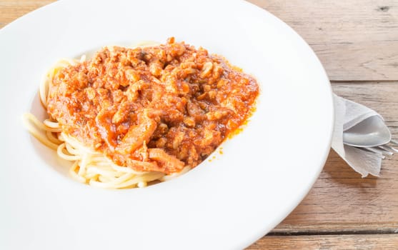 Dish of pasta with tomato pork sauce, stock photo