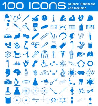 100 Icons related to Science, Healthcare and Medicine