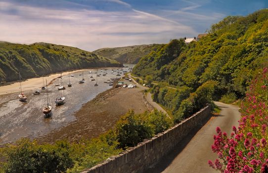 The estuary at Solva, in Pembrokeshire, Wales, Uk, is a safe haven for small pleasure craft.
