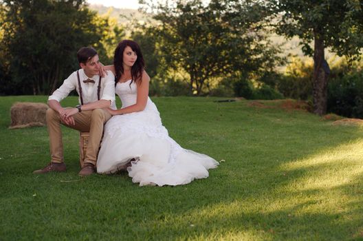 Bride and groom outside garden wedding ceremony