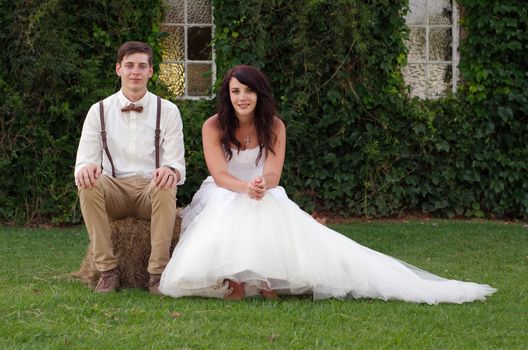 Bride and groom outside church after wedding ceremony