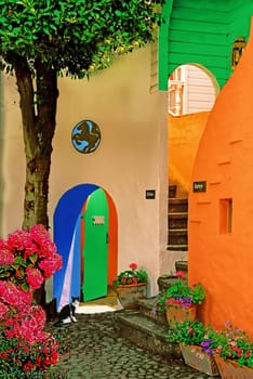 A quiet secluded courtyard in Portmeirion, an Italianate village in Wales.