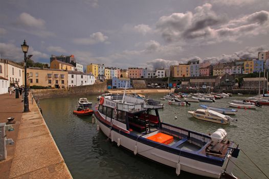 Tenby is a holiday resort in South Wales and the harbour is home to pleasure and trip boats.