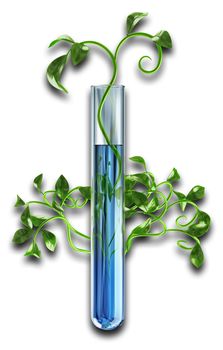 Young green sprouts plants germinate in laboratory test-tubes with a blue transparent solution on white background. 3D biotechnology concept