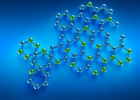 science illustration of abstract molecule on blue background. 3D chemistry concept