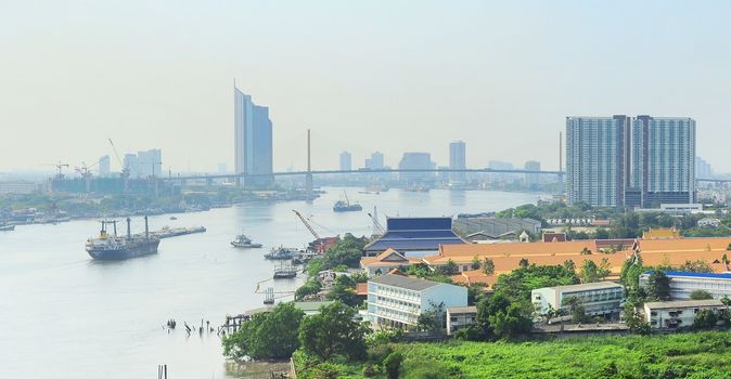 Panoramic view of Bangkok with Chao Phraya River , Thailand 