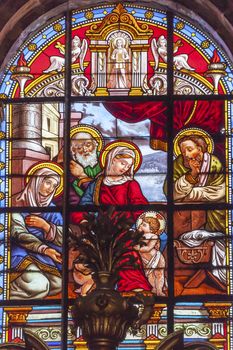 Baby Jesus Baby John Mary Martha Stained Glass Basilica Cathedral Andalusia Granada Spain.  