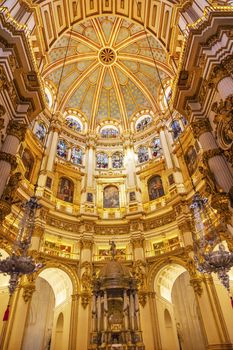 Basilica Dome Stained Glass Cathedral Andalusia Granada Spain.  Built in the 1500s, housing the tombs of King Ferdinand and Isabella.  Dome by Diego de Siloe, 16th Century Stained Glass by Juan del Campo.