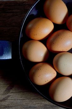 frying pan with raw eggs, close-up