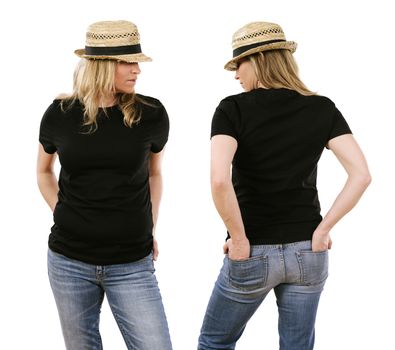 Photo of a beautiful blond woman in her early forties wearing a blank black shirt. Ready for your design or artwork.