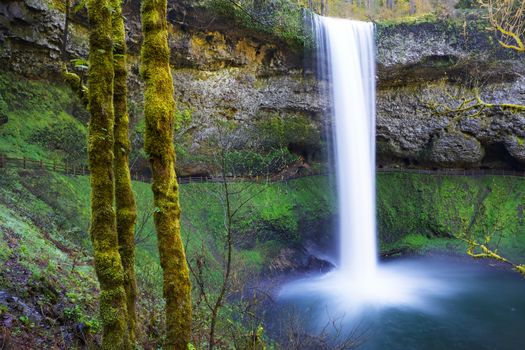 South Falls at Silver Falls Park in Oregon with water falling into a pond done with slow exposure