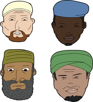 Diverse set of bearded Muslim men on white background