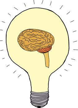 Isolated bright light bulb with brain inside