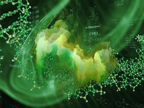 Molecular Dreams series. Visually pleasing composition of conceptual atoms, molecules and fractal elements to serve as  background in works on biology, chemistry, technology, science and education