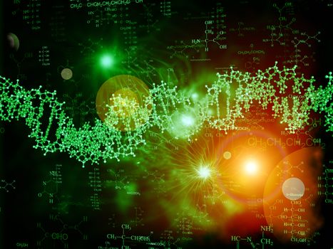 Molecular Dreams series. Arrangement of conceptual atoms, molecules and fractal elements on the subject of biology, chemistry, technology, science and education