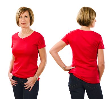 Photo of a beautiful blond woman in her early forties wearing a blank red shirt. Ready for your design or artwork.