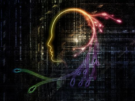 Artificial Intelligence series. Composition of human profile, connectors and technological texture on the subject of thinking, logic, computers and future technology