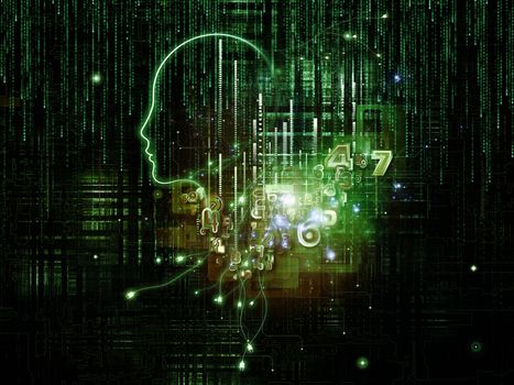 Artificial Intelligence series. Interplay of human profile and numbers on the subject of thinking, logic, computers and future technology