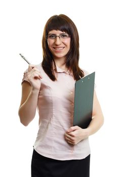 young beautiful woman in glasses with a pen and documents on white background