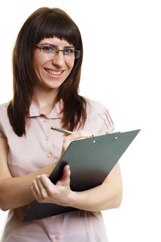 young beautiful woman in glasses with a pen and documents on white background
