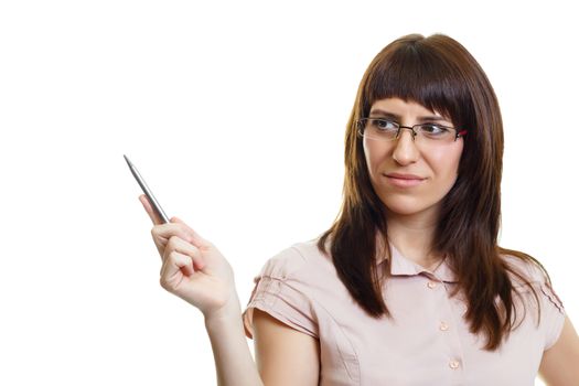 young attractive girl in glasses with a pointer on a white background