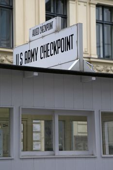 Checkpoint Charlie. The best-known Berlin Wall crossing point between East and West Berlin during the Cold War
