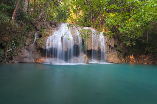 Waterfall deep forest  at Erawan waterfall National Park Kanchanaburi of Thailand