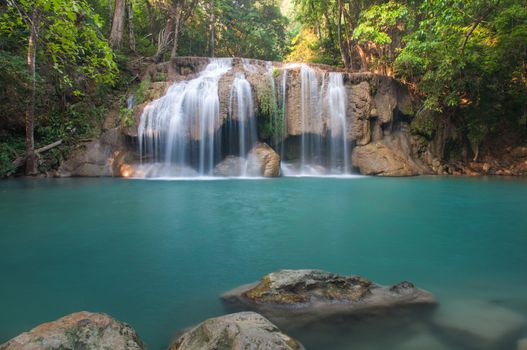 Waterfall deep forest  at Erawan waterfall National Park Kanchanaburi of Thailand