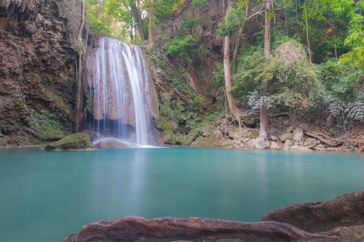 Waterfall deep forest  at Erawan waterfall National Park Kanchanaburi of Thailand