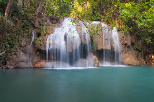 Waterfall deep forest  at Erawan waterfall National Park Kanchanaburi of Thailand