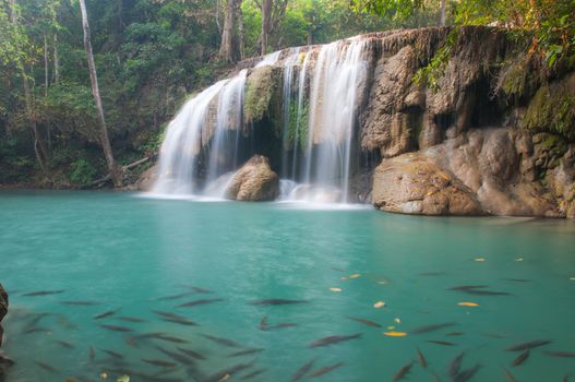 Waterfall deep forest  at Erawan waterfall National Park Kanchanaburi of Thailand