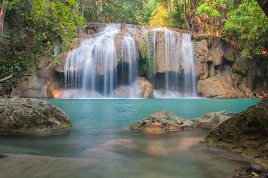 Waterfall deep forest  at Erawan waterfall National Park Kanchanaburi of Thailand