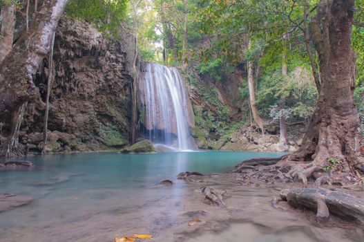 Waterfall deep forest  at Erawan waterfall National Park Kanchanaburi of Thailand