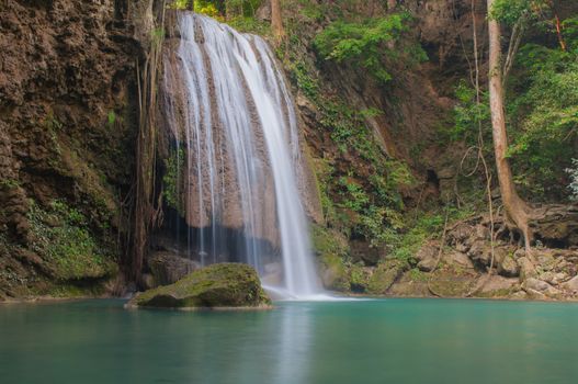 Waterfall deep forest  at Erawan waterfall National Park Kanchanaburi of Thailand