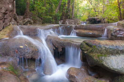 Waterfall deep forest  at Erawan waterfall National Park Kanchanaburi of Thailand