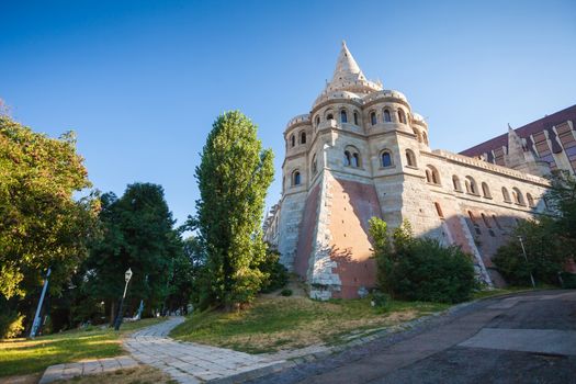 BUDAPEST, HUNGARY - AUGUST 2: Fisherman's Bastion lit by sunset, Buda Castle, Budapest, Hungary