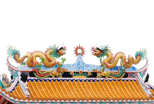 twin dragon on the roof of shrine with White background