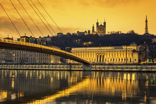 View of Saone river at Lyon at sunset, France