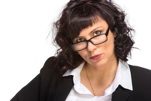 Portrait of mature woman smiling, wearing glasses, isolated on white, looking at camera. looking at camera.