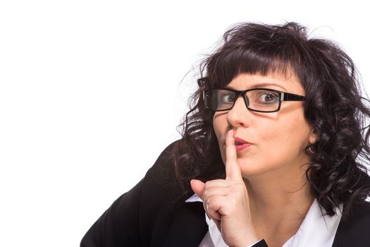 Portrait of mature woman smiling, wearing glasses, isolated on white, looking at camera. looking at camera.