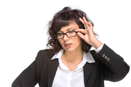 Portrait of mature woman smiling, wearing glasses, isolated on white, looking at camera. looking at camera.