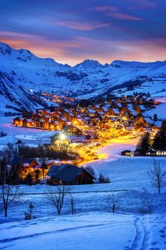 Evening landscape and ski resort in French Alps,Saint jean d'Arves, France 